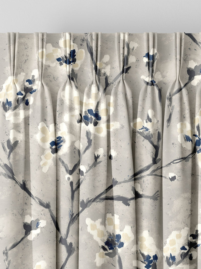 Grey Burley made to measure curtains with neutral branches and blue flowers - British product