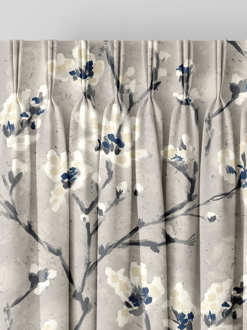 Grey Burley made to measure curtains with neutral branches and blue flowers - British product