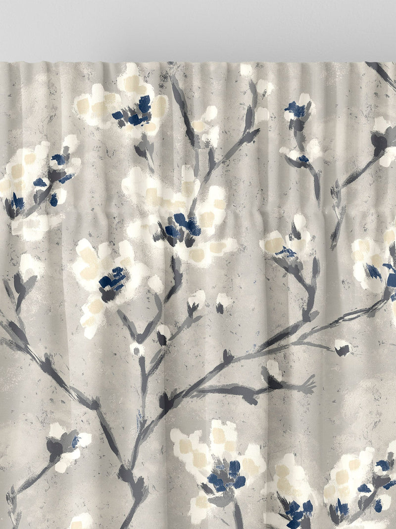 Grey Burley made to measure curtains with neutral branches and blue flowers - British product
