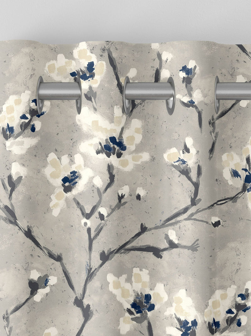 Grey Burley made to measure curtains with neutral branches and blue flowers - British product