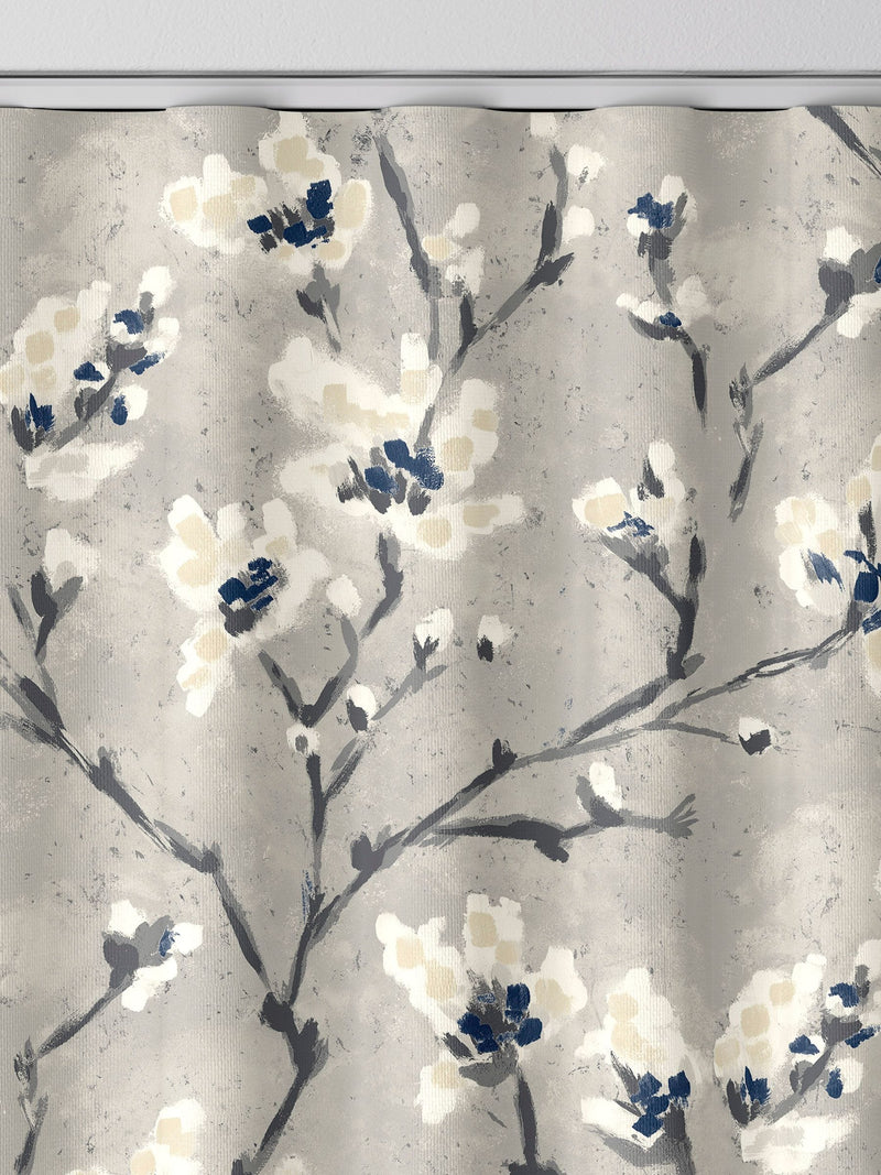 Grey Burley made to measure curtains with neutral branches and blue flowers - British product