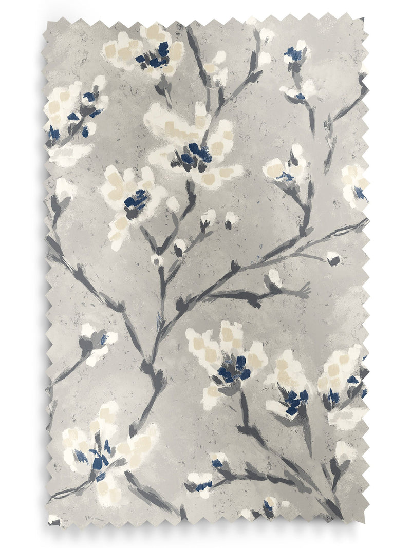 Grey Burley made to measure curtains with neutral branches and blue flowers - British product