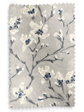 Grey Burley made to measure curtains with neutral branches and blue flowers - British product