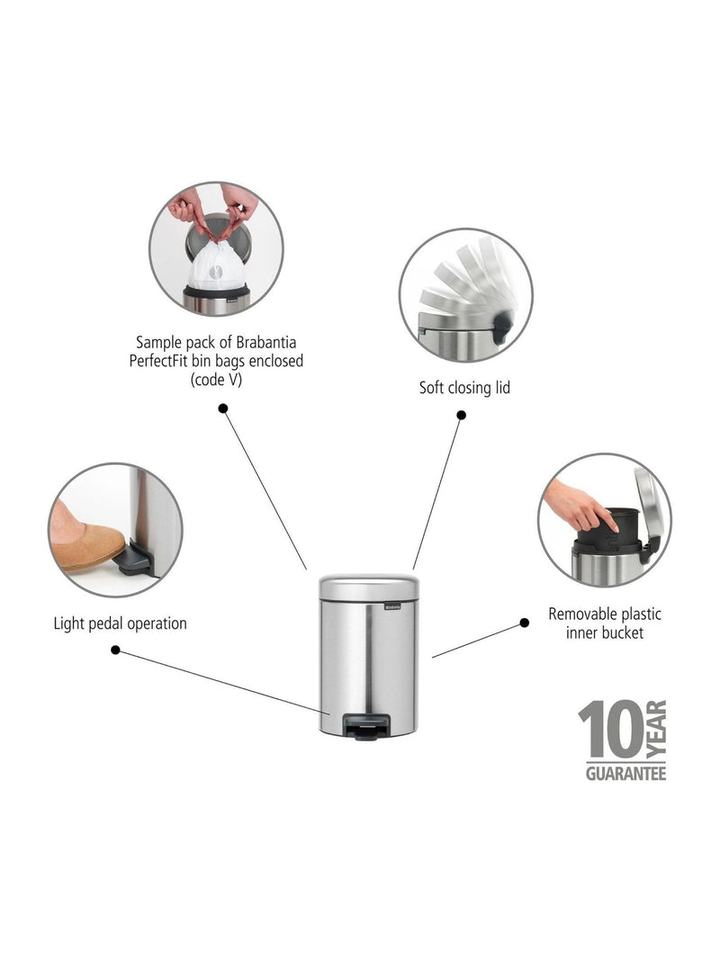 Brabantia Silver NewIcon Matt Steel Fingerprint Proof Pedal Bin 3L - British product