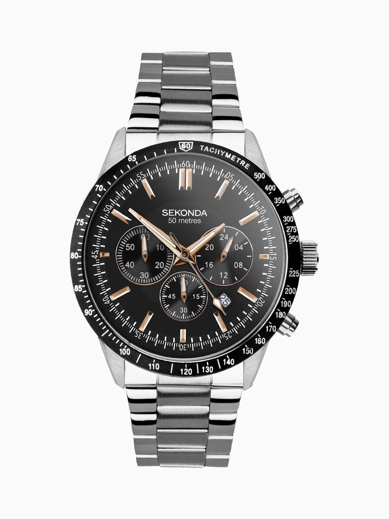 Sekonda Black Stainless Steel Bracelet Chronograph Watch 45mm (British brand)