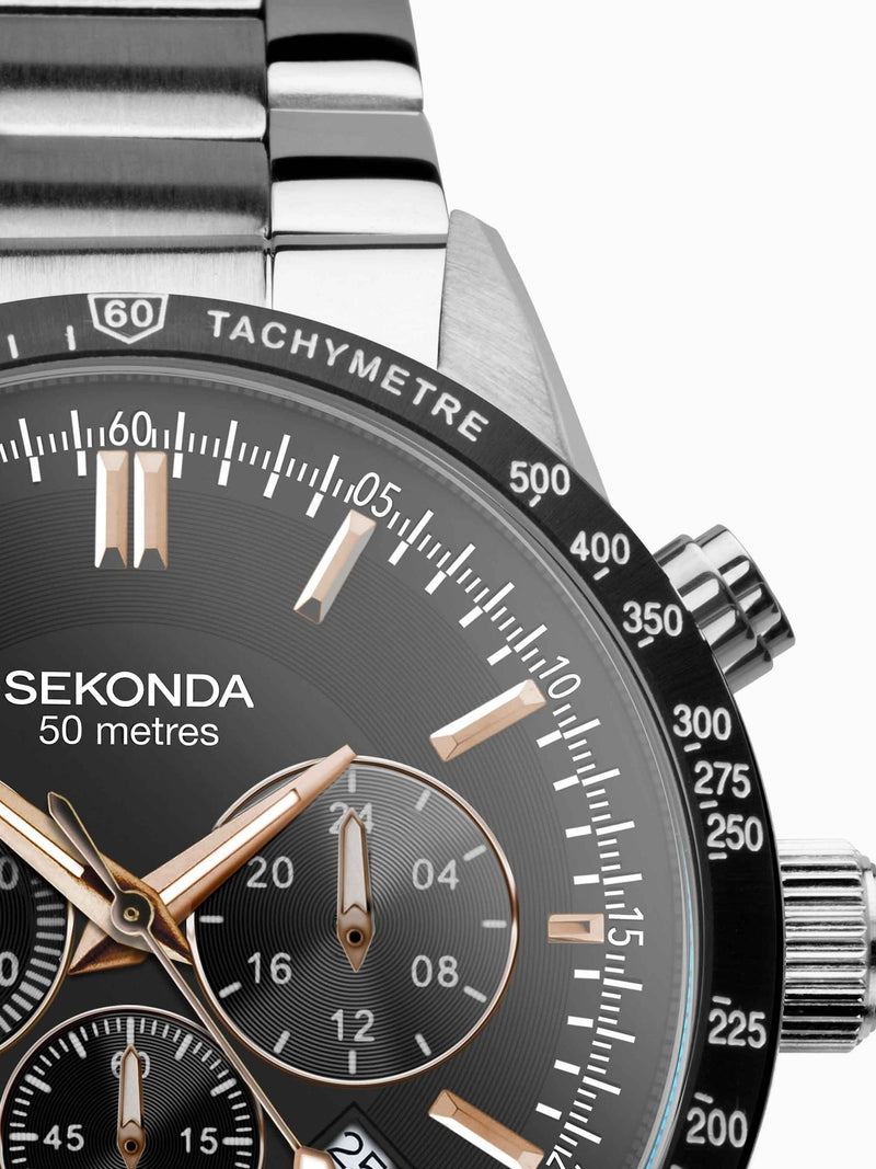 Sekonda Black Stainless Steel Bracelet Chronograph Watch 45mm (British brand)