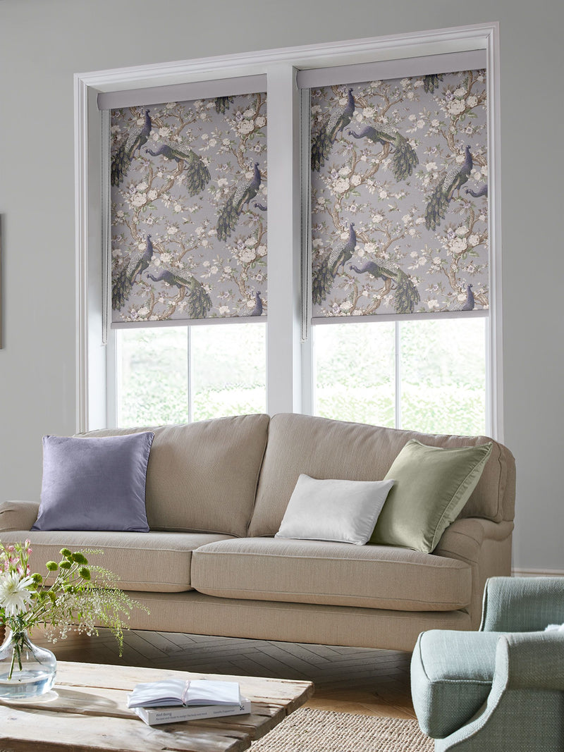 Laura Ashley Belvedere roller blind with purple peacock floral design (British brand)