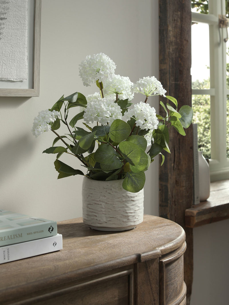 White artificial viburnum plant in country ceramic pot (British brand)
