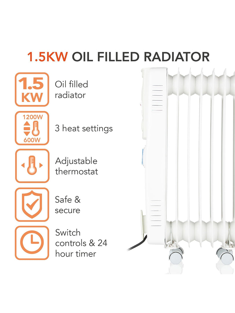Warmlite white 1500W oil filled radiator, imported from the UK