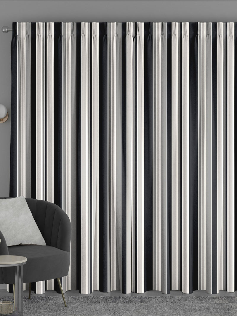 Black Huddson made to measure curtains with grey and black stripes, imported from the UK