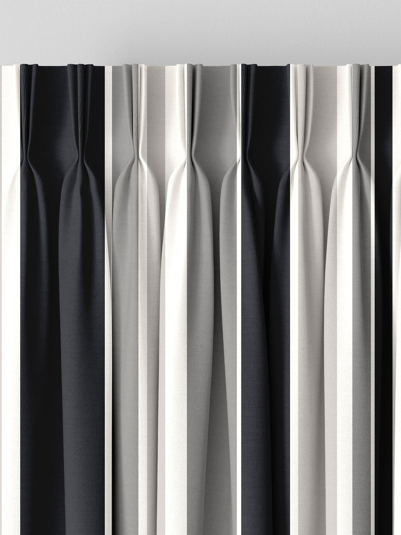 Black Huddson made to measure curtains with grey and black stripes, imported from the UK