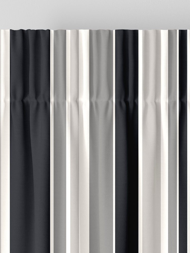 Black Huddson made to measure curtains with grey and black stripes, imported from the UK