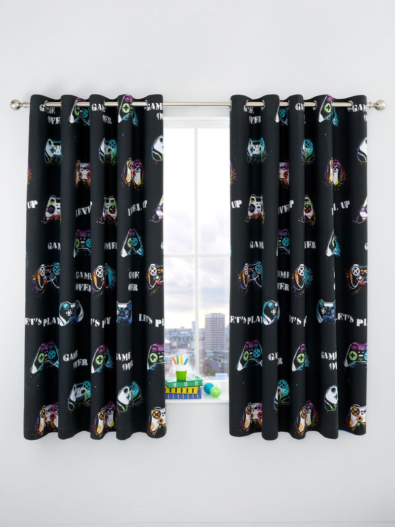 Catherine Lansfield black Game Over eyelet curtains 168x183cm (British brand)