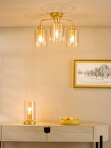 Next Dar Lighting Daylin Satin Gold & Amber Ribbed Glass 3-Light Semi Flush Ceiling Light- Buy online at McGrocer