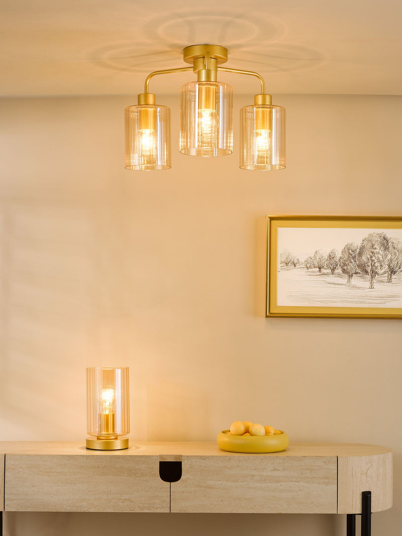 Dar Lighting semi flush ceiling light with satin gold and amber glass (British brand)
