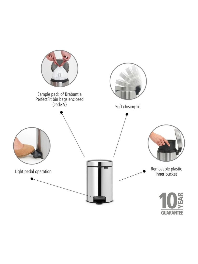 Brabantia Silver NewIcon pedal bin 3L - British product
