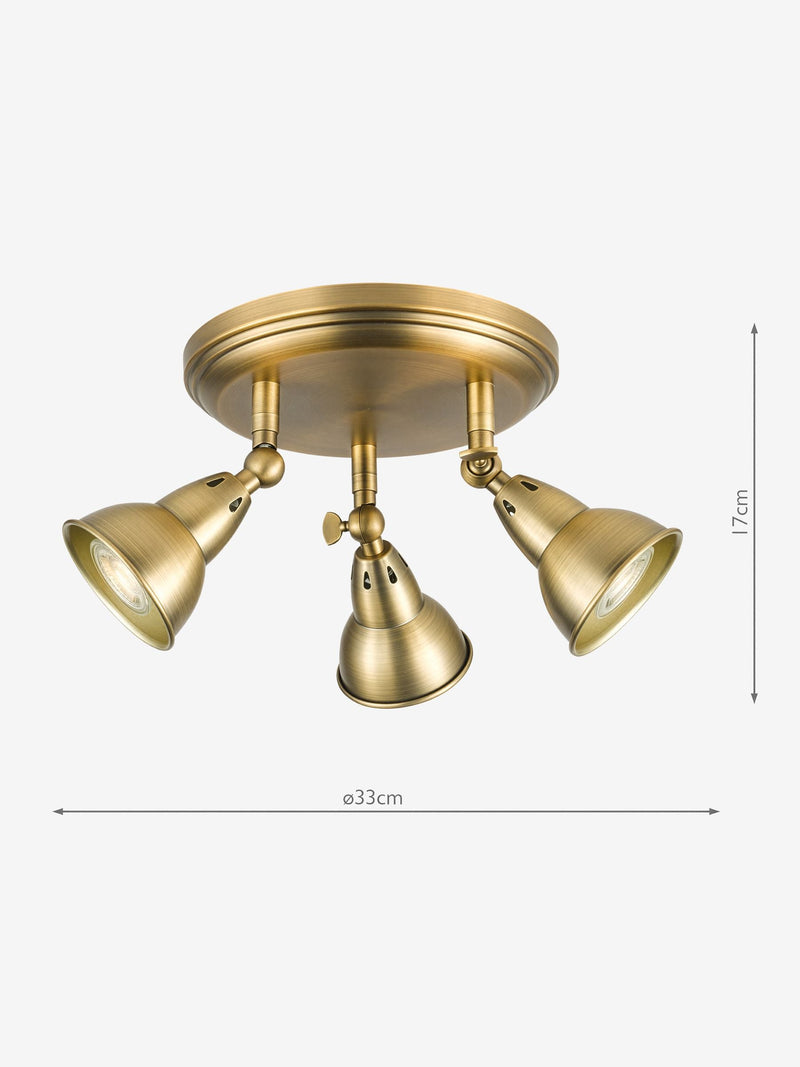 Dar Lighting Nathaniel aged brass 3 light ceiling, imported from the UK