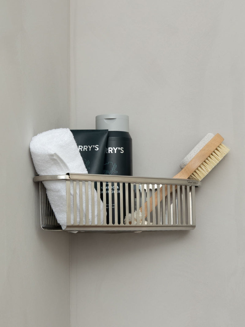 Robert Welch Silver Burford corner shower basket, imported from the UK