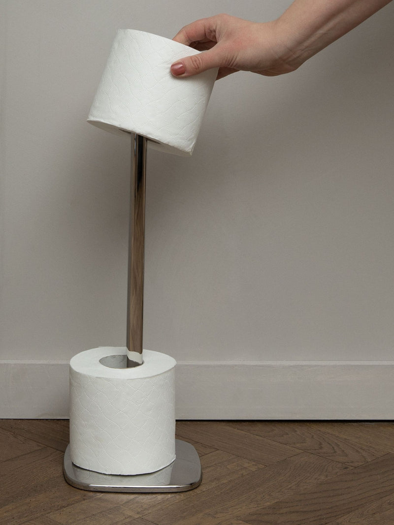 Robert Welch Silver Burford freestanding toilet roll holder, imported from the UK