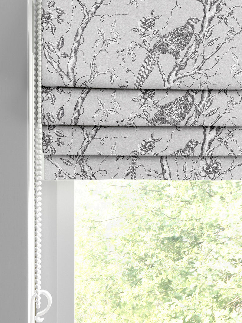 Roman blind in Carren Silver design with birds and branches, UK version