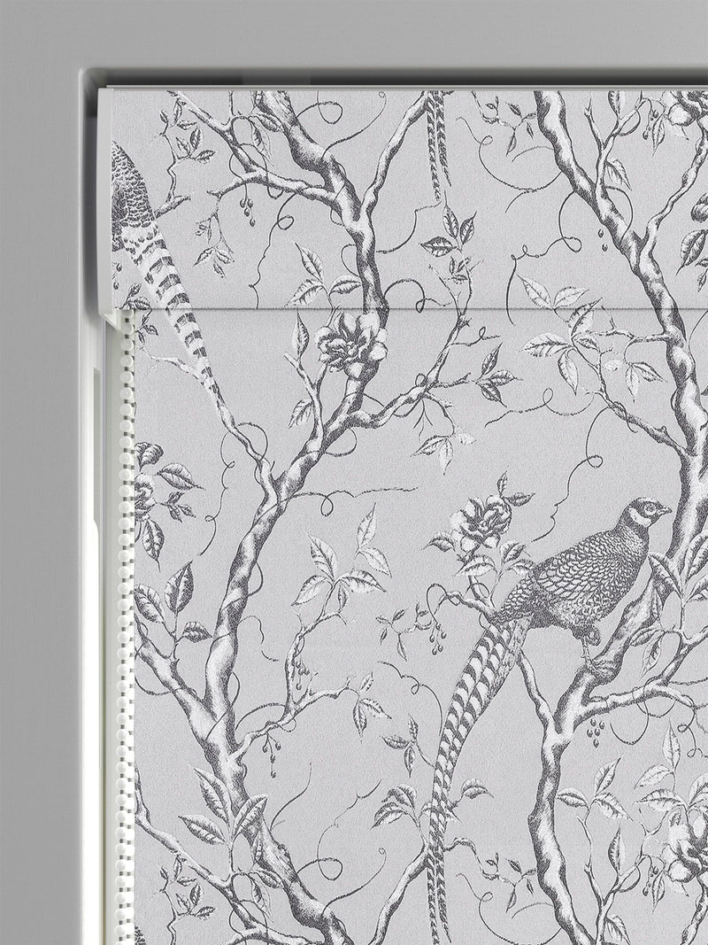 Roman blind in Carren Silver design with birds and branches, UK version