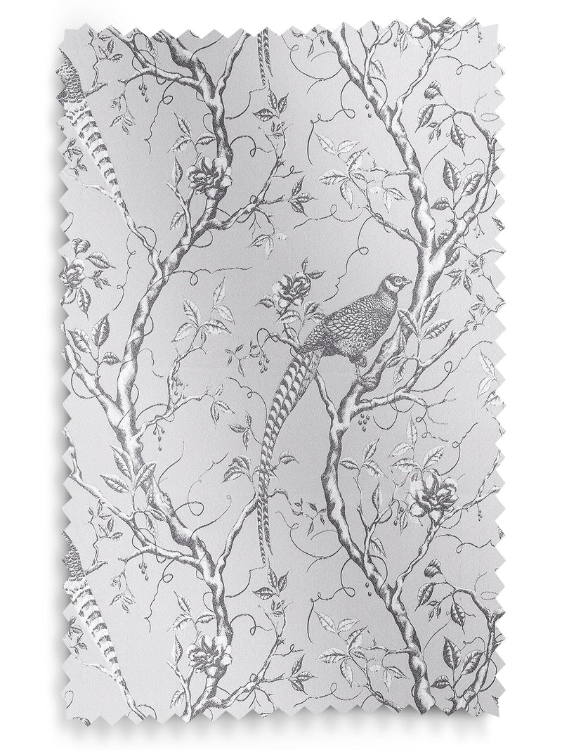 Roman blind in Carren Silver design with birds and branches, UK version