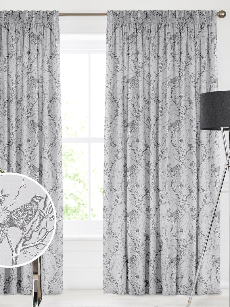 Silver Carren grey curtains with woven bird design, UK version