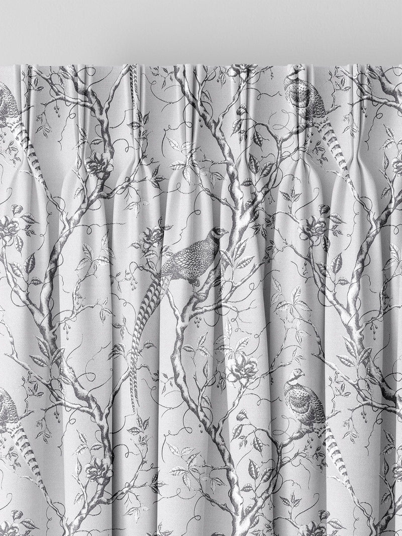 Silver Carren grey curtains with woven bird design, UK version