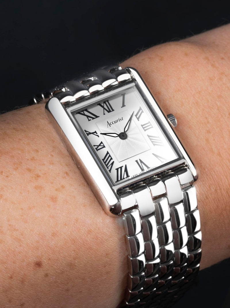 Women's Silver Tone Stainless Steel Rectangular Analogue Watch with Interchangeable Bracelet