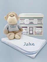 Next Babyblooms Blue Personalised Morris Monkey Soft Toy with Snuggle Wrap Gift Set- Buy online at McGrocer