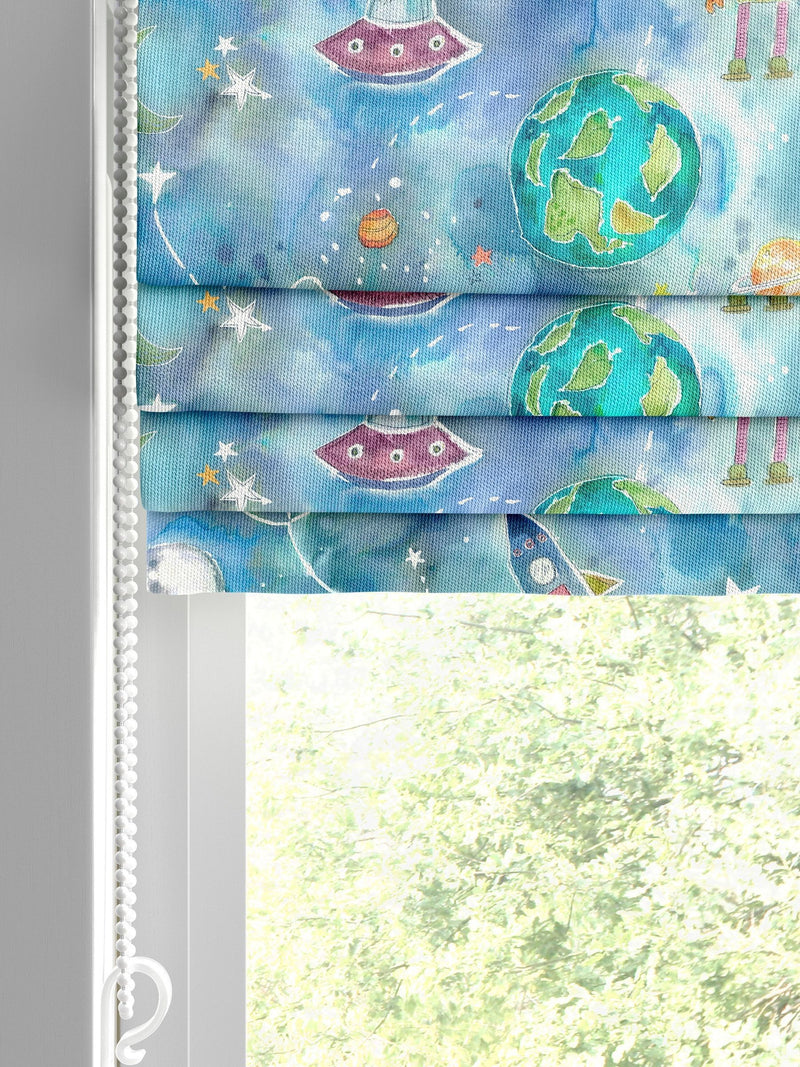 Voyage sky blue space print roman blind - British product