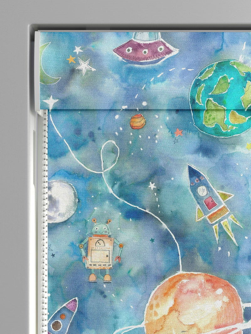 Voyage sky blue space print roman blind - British product