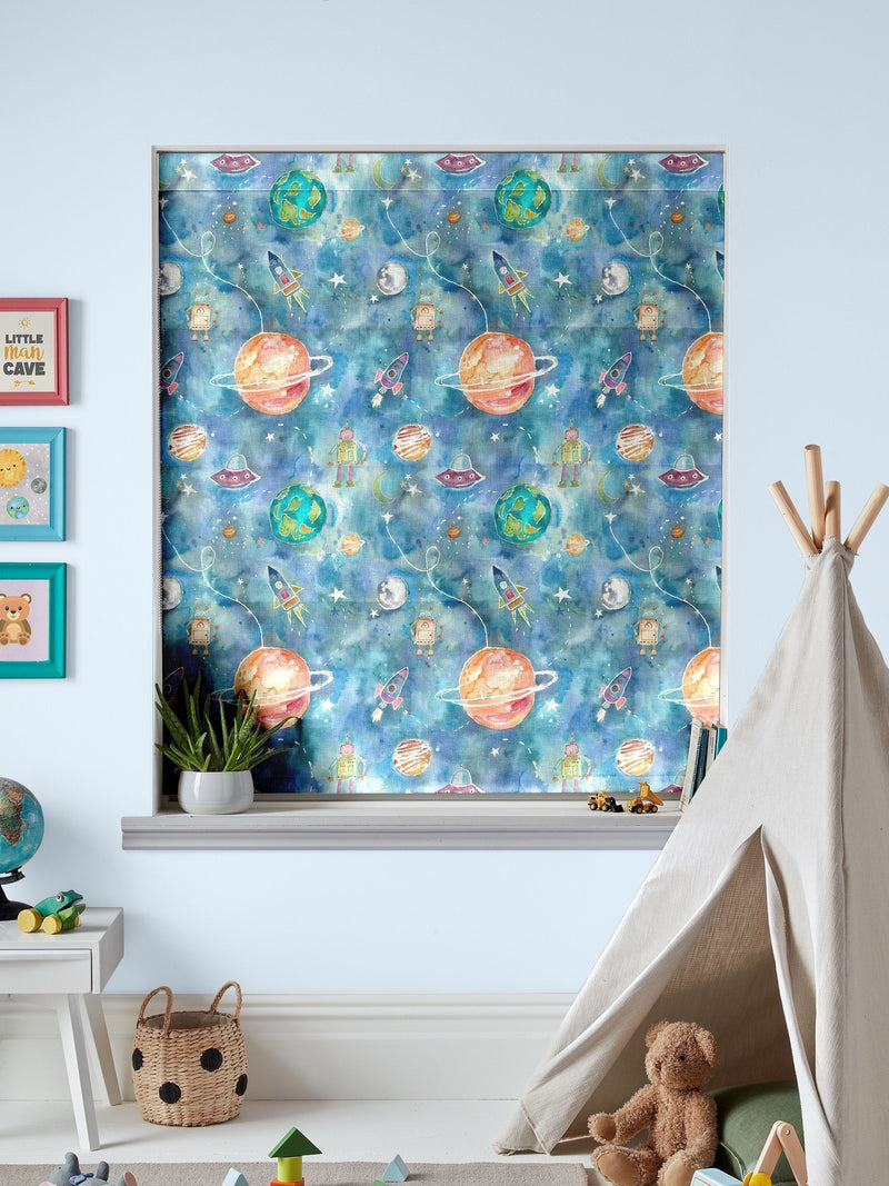 Voyage sky blue space print roman blind - British product