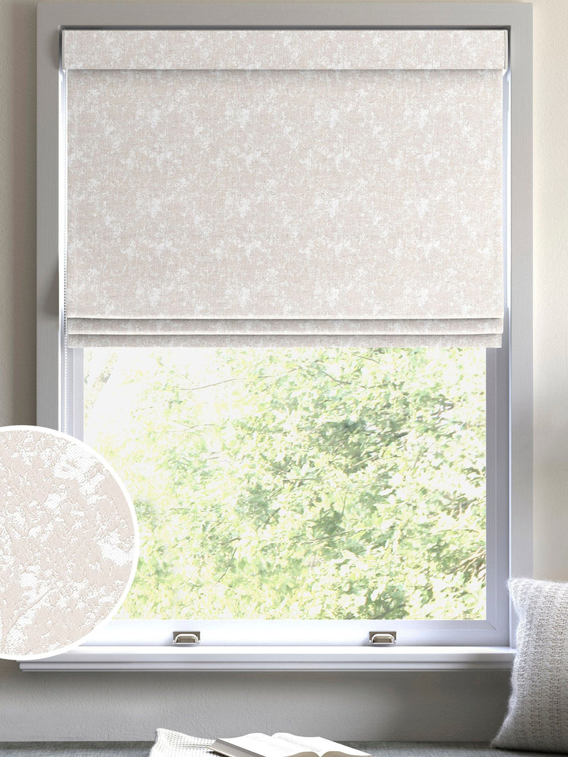 Evin taupe roman blind with woven tree motif, UK version