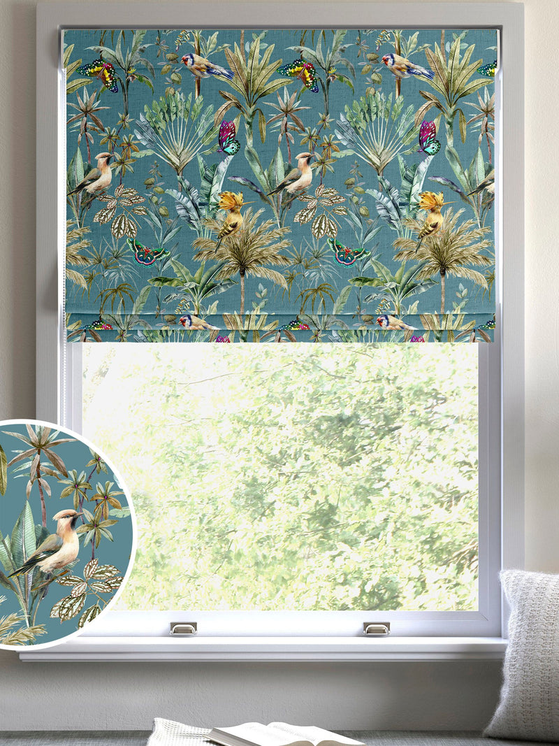 Teal tropical print roman blind made to measure - British product