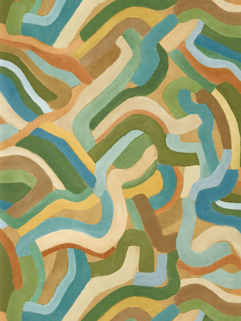 Harlequin Spiralis wallpaper sample in ochre turquoise forest A4 (British brand)
