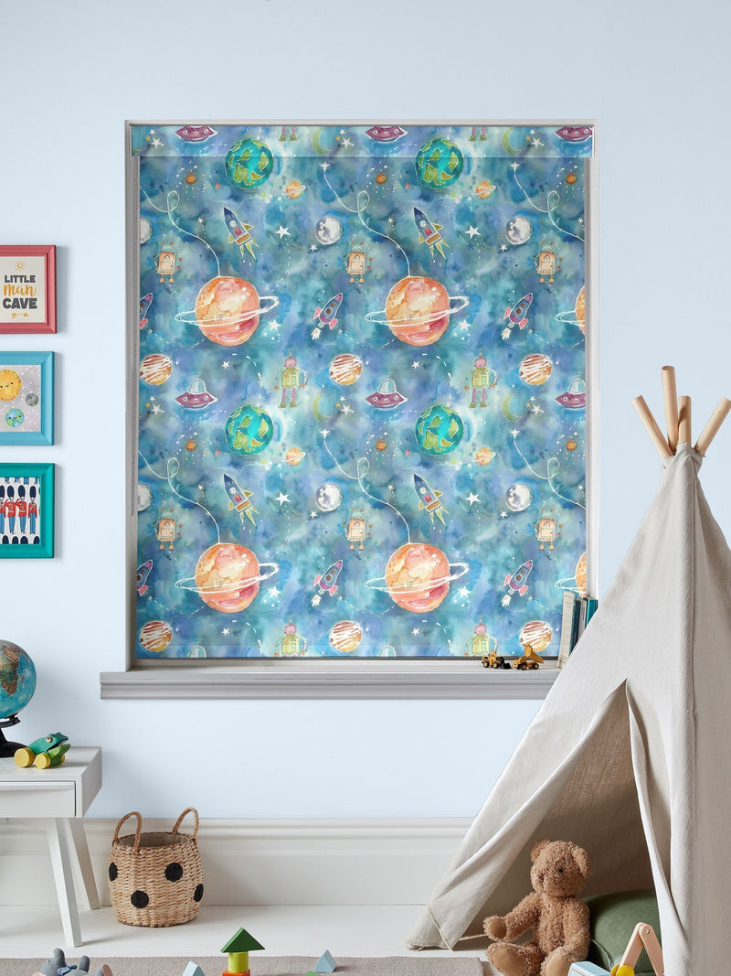 Voyage space print sky blue roller blind - British product