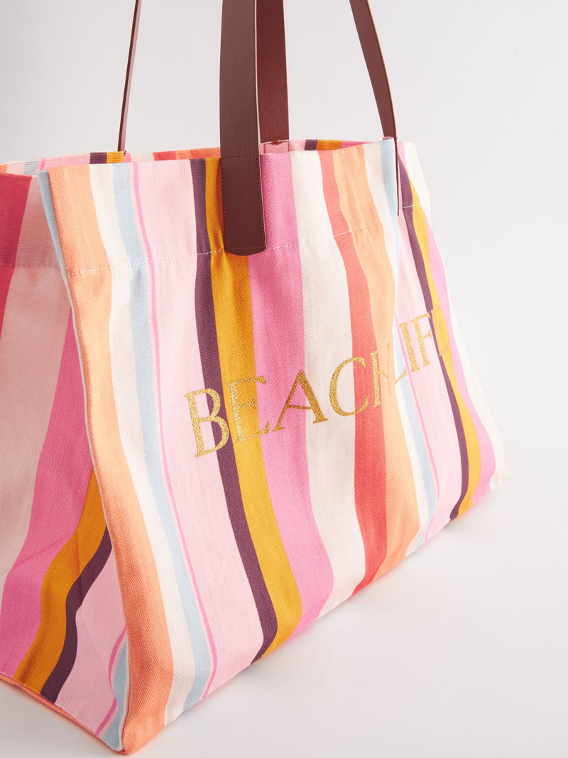 Large multi striped cotton canvas beach bag imported from the UK