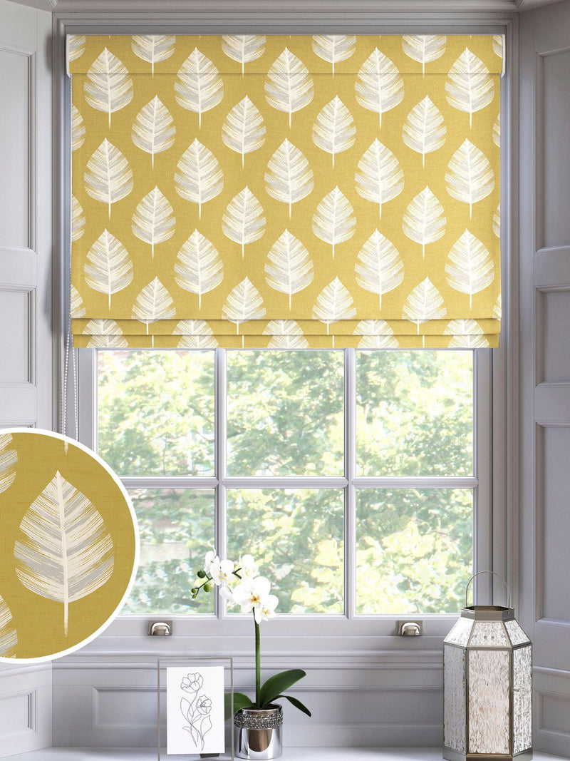Roman blind Finn yellow contemporary leaf design 100% cotton - British product