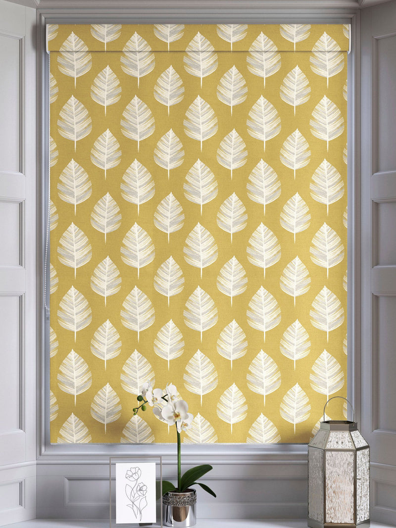 Roman blind Finn yellow contemporary leaf design 100% cotton - British product