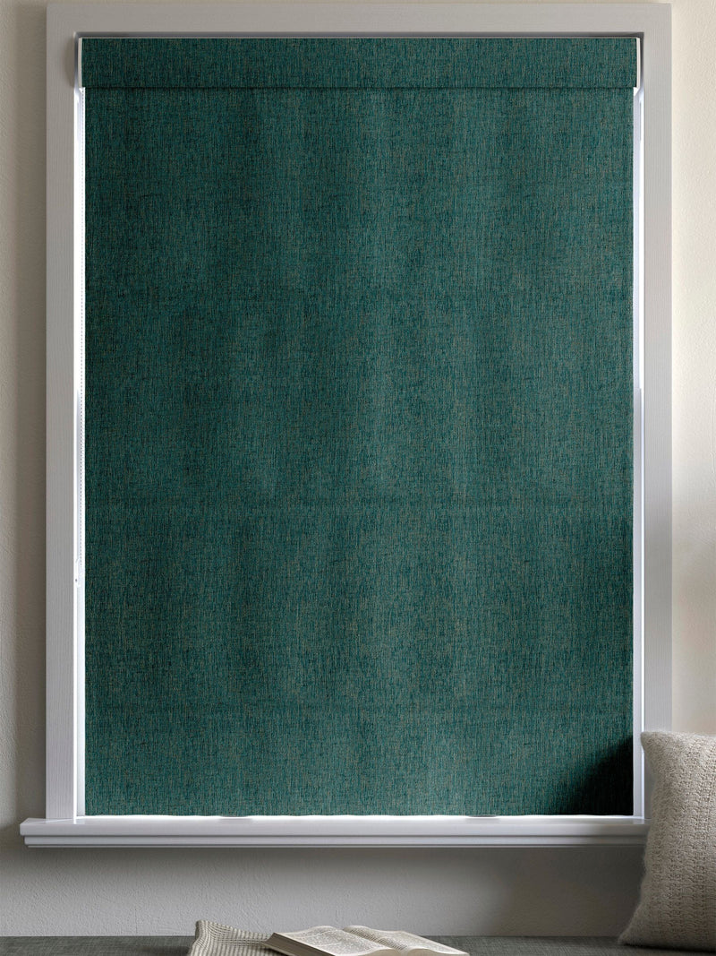Peacock Jaya roman blind in bronze and gold tones, UK version