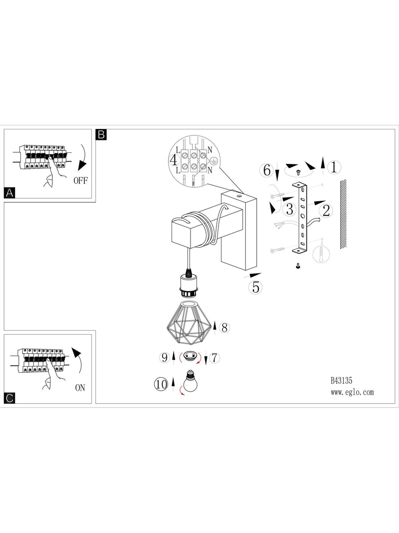 Eglo Townshend 5 caged wall light in black steel and wood (British brand)