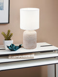 Eglo Bellariva table lamp with cream ceramic base and white fabric shade, UK version