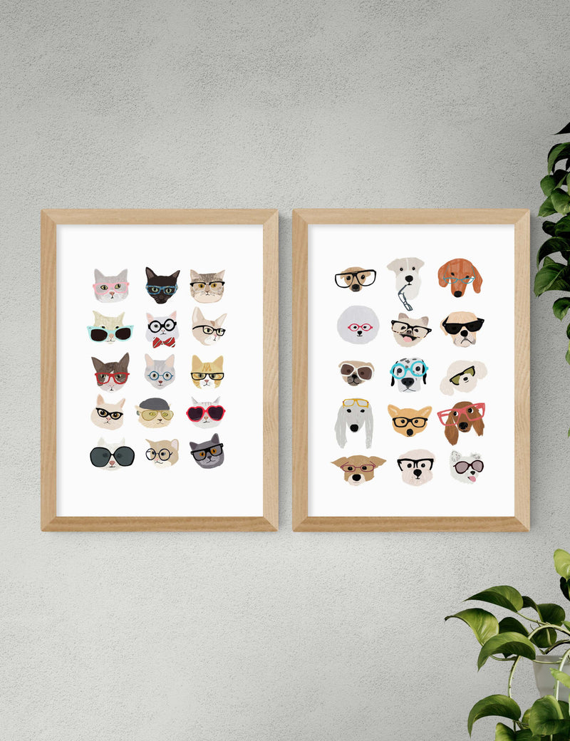 East End Prints cats and dogs in glasses framed art twin set - British product