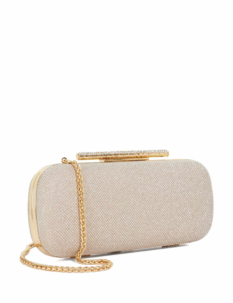 Dune London chain strap clutch bag with gold tone diamante clasp, UK version