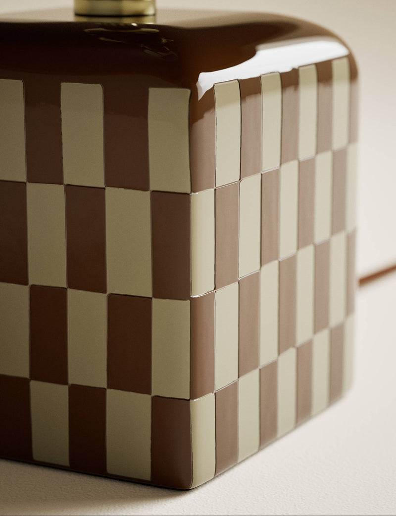 Checkerboard ceramic table lamp with scalloped shade, imported from the UK