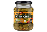 Chilli cornichons and gherkins in a jar, British brand