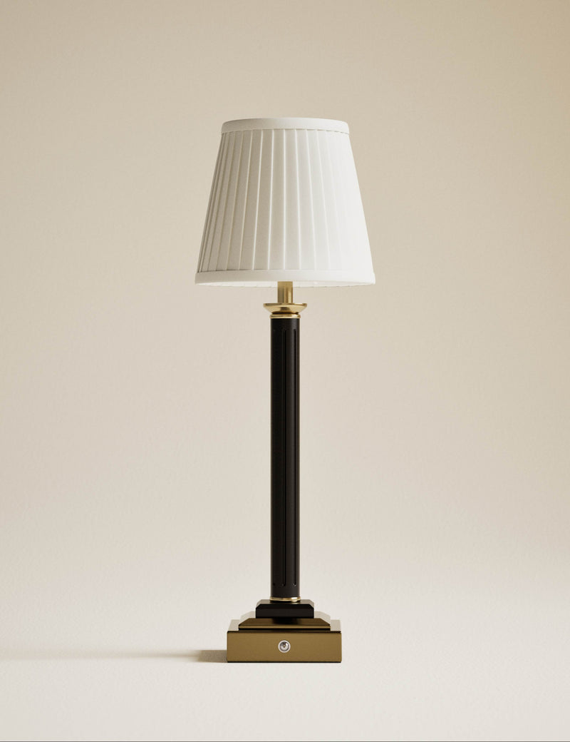 Column pillar rechargeable table lamp with pleated shade, UK version