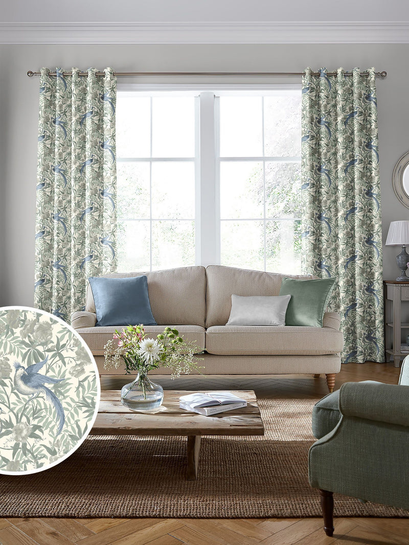 Laura Ashley Osterley bird print made-to-measure curtains Seaspray Blue, UK version