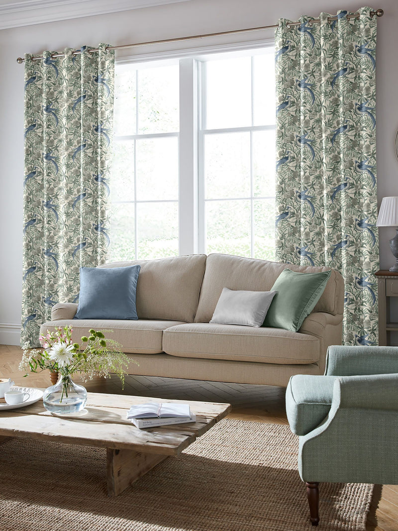 Laura Ashley Osterley bird print made-to-measure curtains Seaspray Blue, UK version